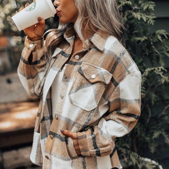 New Tan Checker Plaid Flannel Jacket - Picture 3 of 6